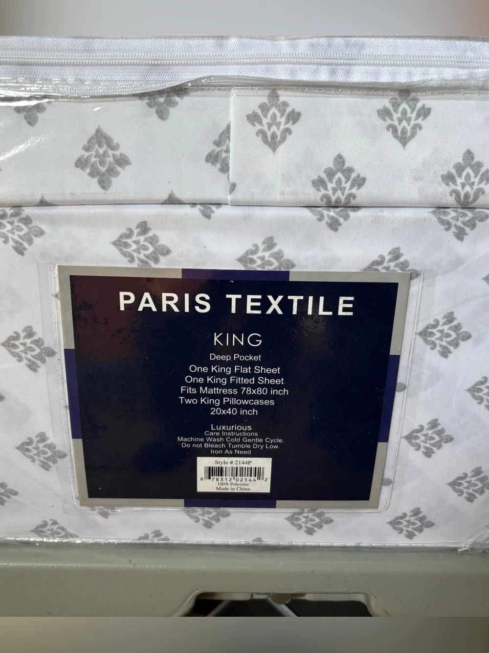 4Pc King Sheet Set - White with Gray Pattern Luxury Sheet Sets